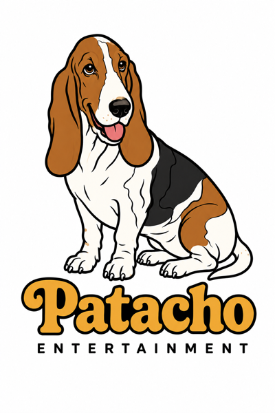 Patacho Entertainment’s smiling brown, black and white basset hound with golden lettering